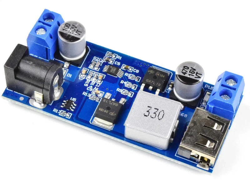 Blue PCB DC-DC converter module with screw terminals and electrolytic capacitors