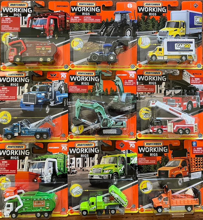 Boxed die-cast Working Rigs trucks set with assorted colored vehicles