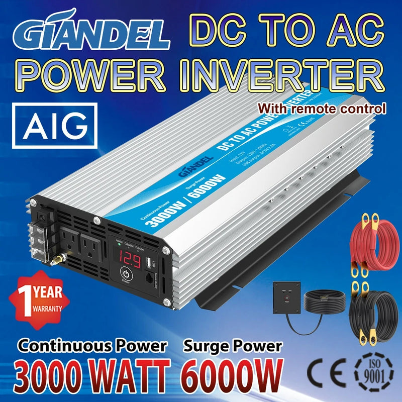 Power Inverter 3000W Modified Sine Wave 12V to 110V~120V USA Transistors GIANDEL