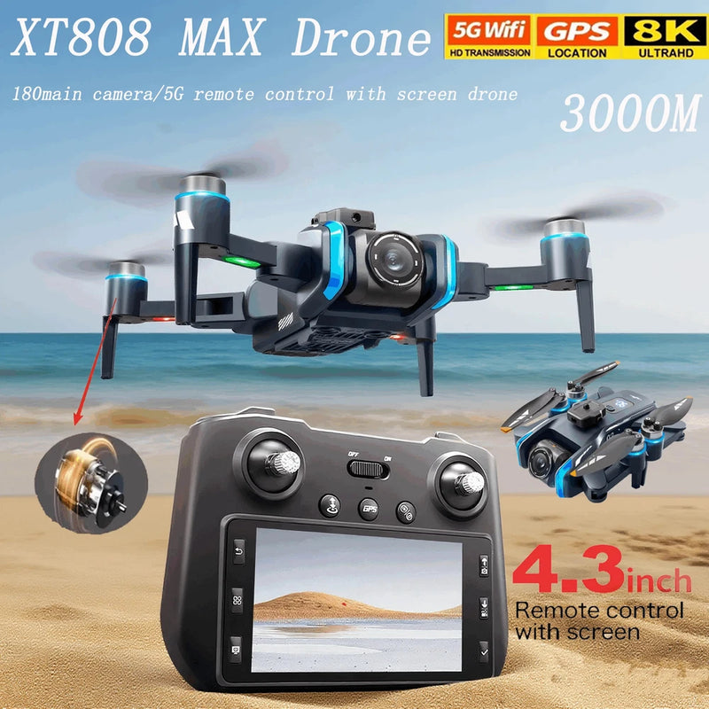 Quadcopter drone with 8K camera and remote controller with 4.3-inch screen, gray