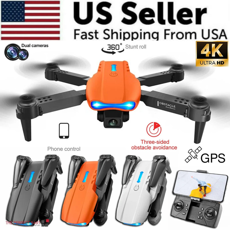 Orange and black foldable quadcopter drone with front camera and four propellers