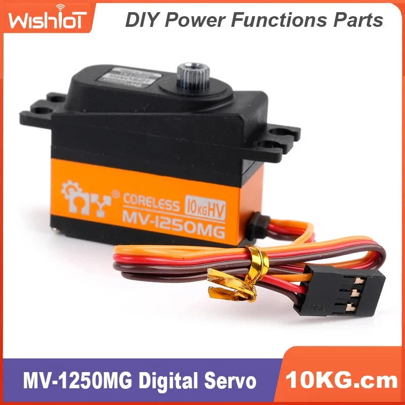 Digital servo motor with black housing, orange label, and wire lead connector