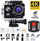 4K action camera with clear waterproof case, WiFi, and mounting accessories