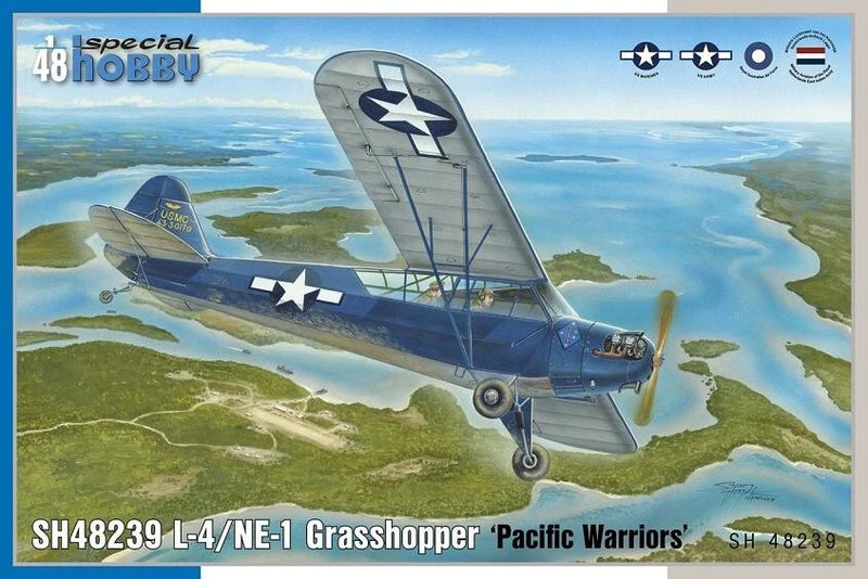 1:48 scale L-4/NE-1 Grasshopper aircraft model kit with blue Pacific War markings