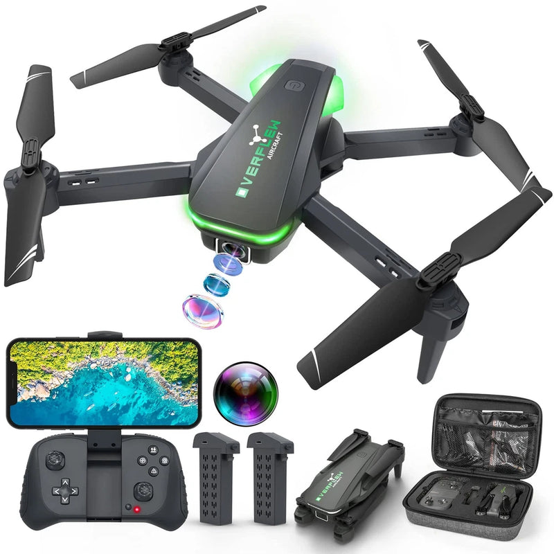 Green quadcopter drone with camera, four propellers, and handheld controller