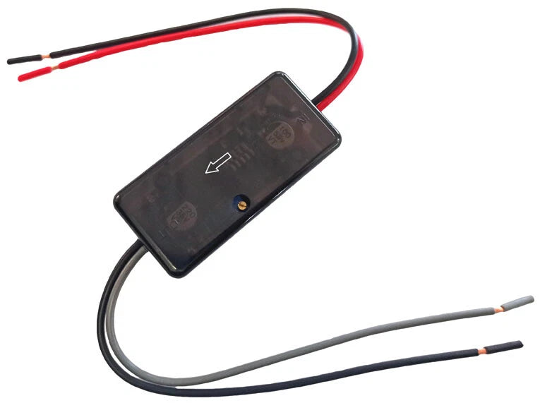 Black step-down converter module with red/black input leads and gray output wires