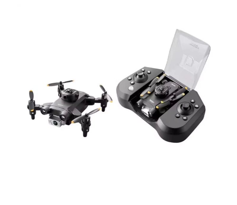 Black mini drone with four rotors and open controller screen