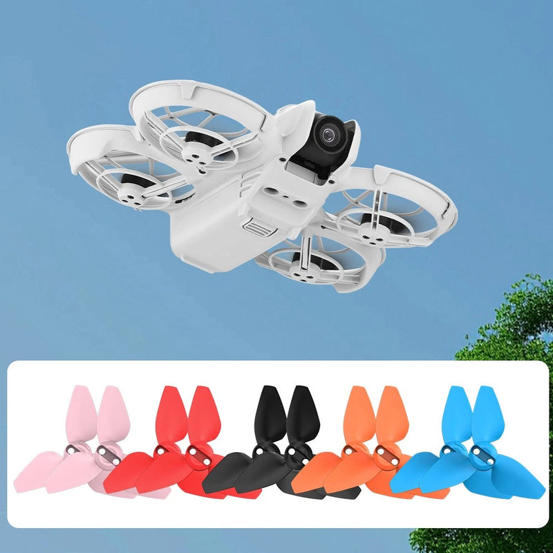 Colorful drone propeller set with five blade pairs in pink, red, black, orange, blue