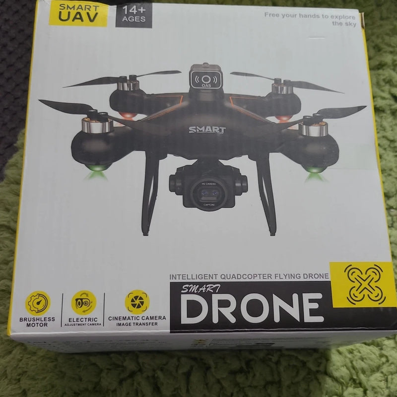Quadcopter drone product box with illustrated drone and built-in camera