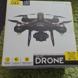 Quadcopter drone product box with illustrated drone and built-in camera