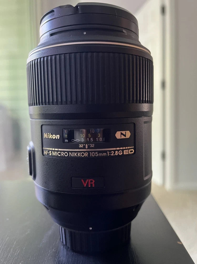 Nikon AF-S VR Micro-Nikkor 105mm f/2.8G camera lens, black with VR label
