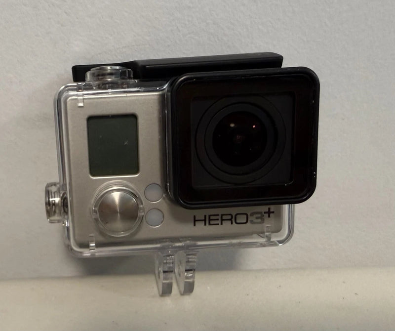 GoPro HERO3+ action camera in clear waterproof housing, front lens and LCD screen