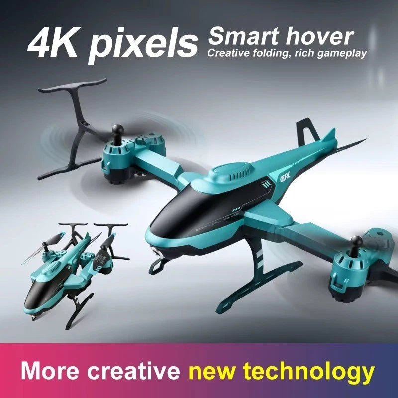 FPV selfie drone with HD camera, teal and black quadcopter with folding arms