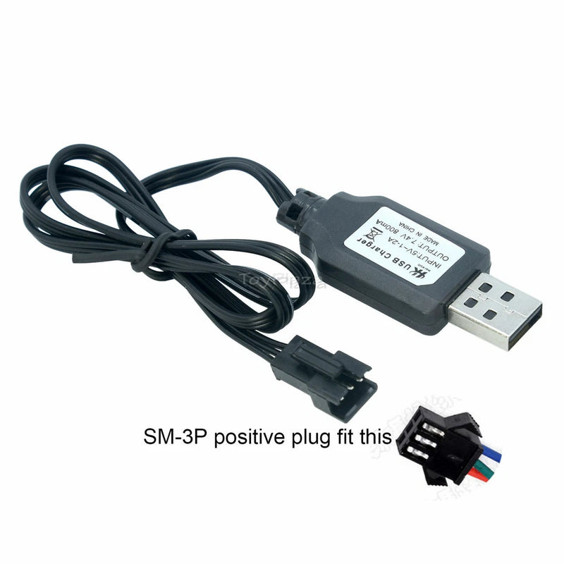 7.4V 800mA USB Charge Cable SM-3P Nor plug for LiPo Li-Ion Battery RC Toys