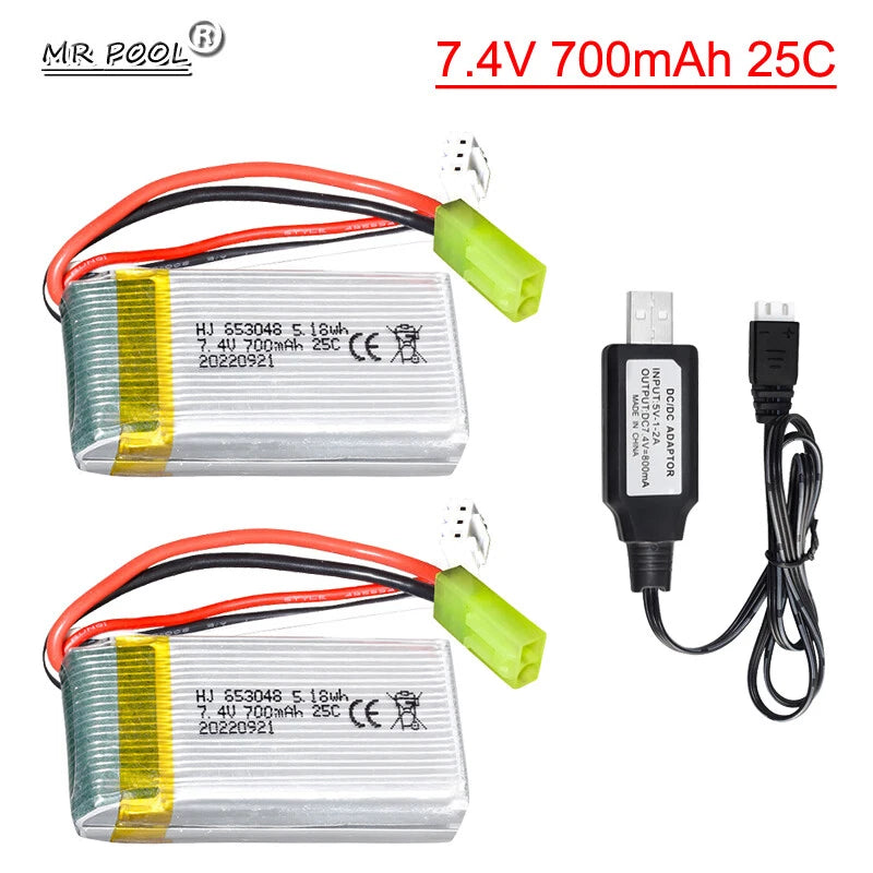 2Pack 7.4V 700mAh Lipo Battery For MJXRC X600 U829A U829X F46 X601H JXD391 FT007