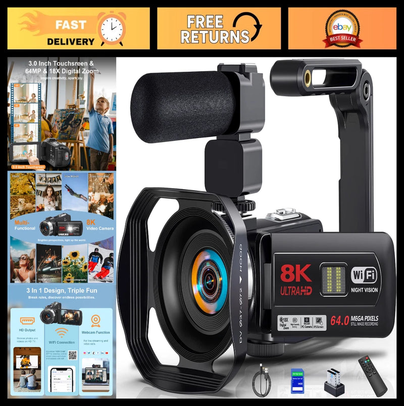 8K 64MP Video Camera with IR Night Vision, 18X Zoom, WiFi, Touch Screen, 64GB SD