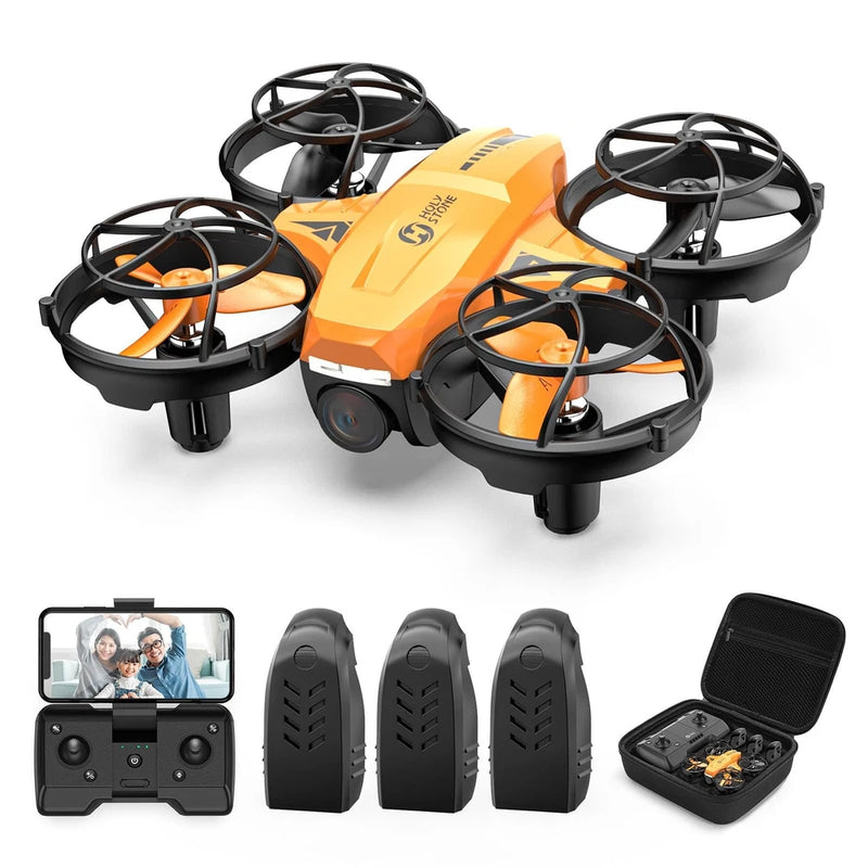 Orange and black mini camera drone kit with controller, 3 batteries, and carrying case