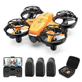 Orange and black mini camera drone kit with controller, 3 batteries, and carrying case
