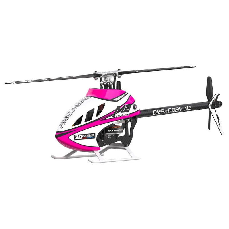 Pink and white 3D RC helicopter with tail rotor and skids