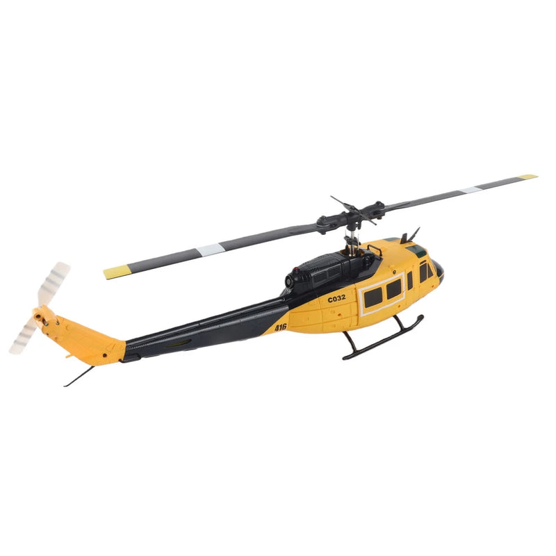 Yellow RC helicopter drone with single main rotor and tail skids