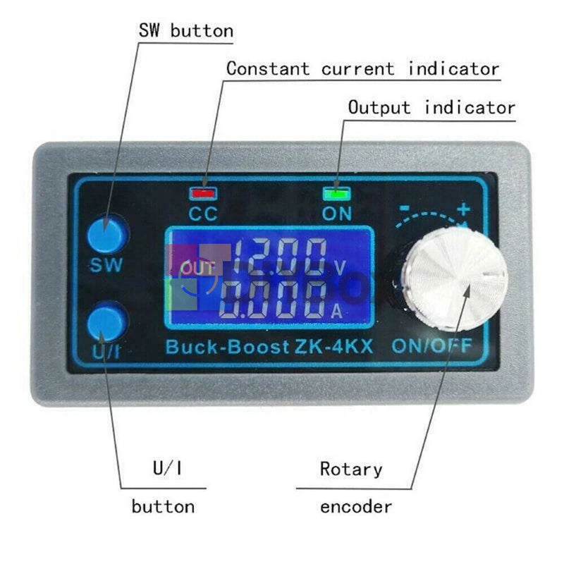 DC-DC buck-boost converter module with LCD display, rotary encoder, and indicator buttons
