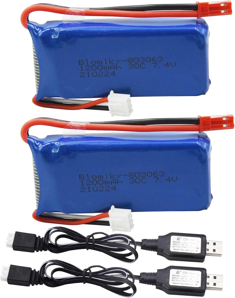 2 Pack 7.4V 1200Mah Lipo Battery Pack with JST Plug and USB Cable Replacement fo