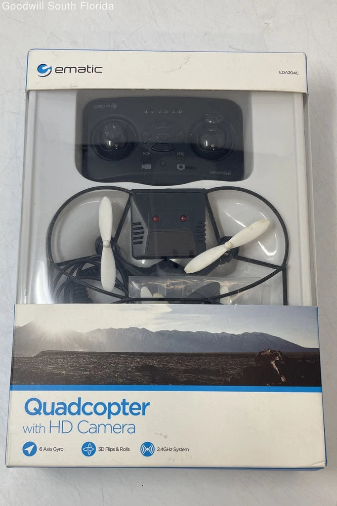 Quadcopter drone in retail box, with two propellers and front camera module