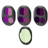 Drone camera lens filter set with colored glass inserts, black mounts
