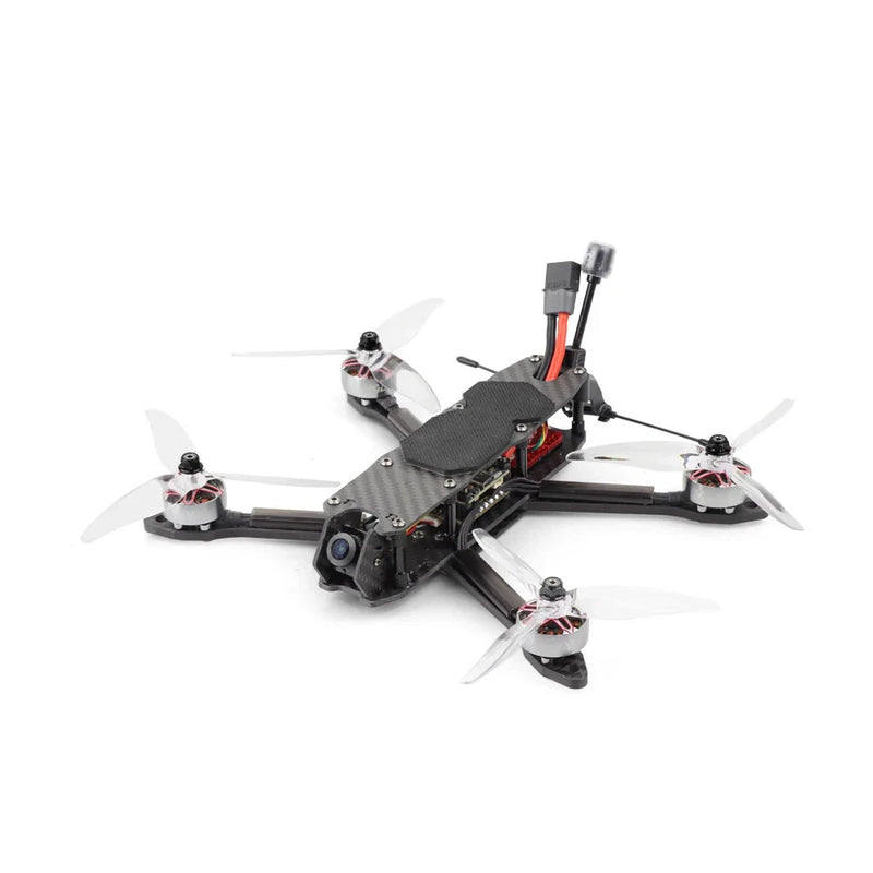 5-inch freestyle FPV drone with camera and antennas, black frame, four propellers