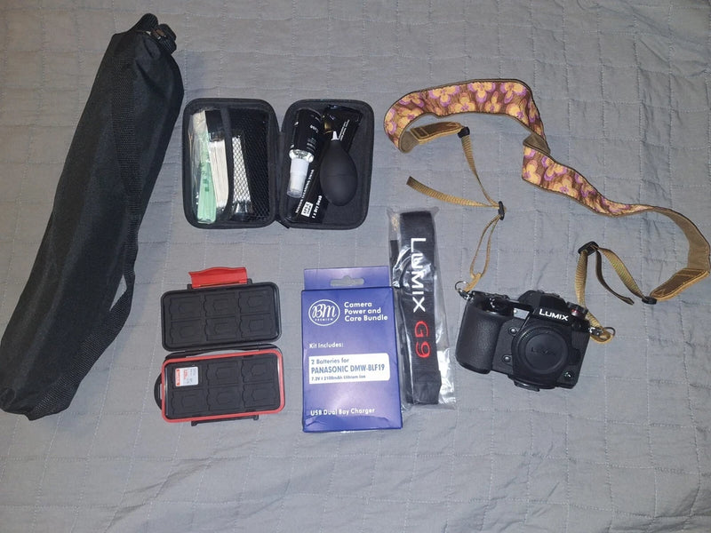 Panasonic Lumix G9 w/ cleaning kit, extra batteries & charger, 2 SD card, stand