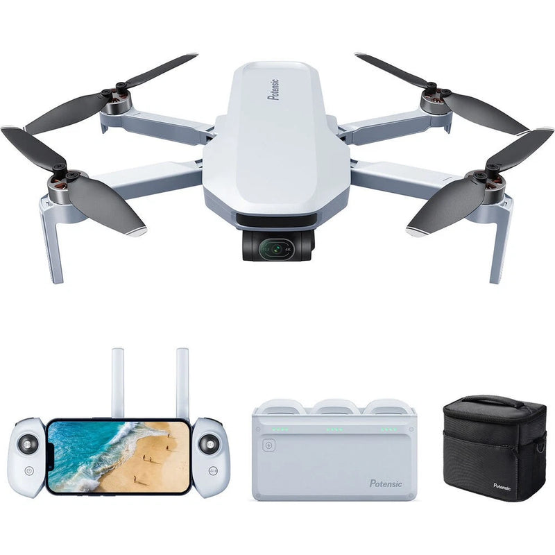 White quadcopter drone with front camera, controller, charging case, and travel bag