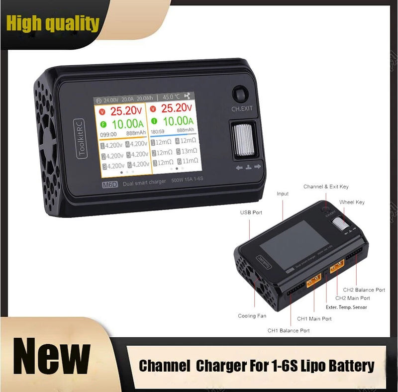 Dual Channel RC Charger 500W 15A for 1-6S Lipo Batteries ToolkitRC M6D