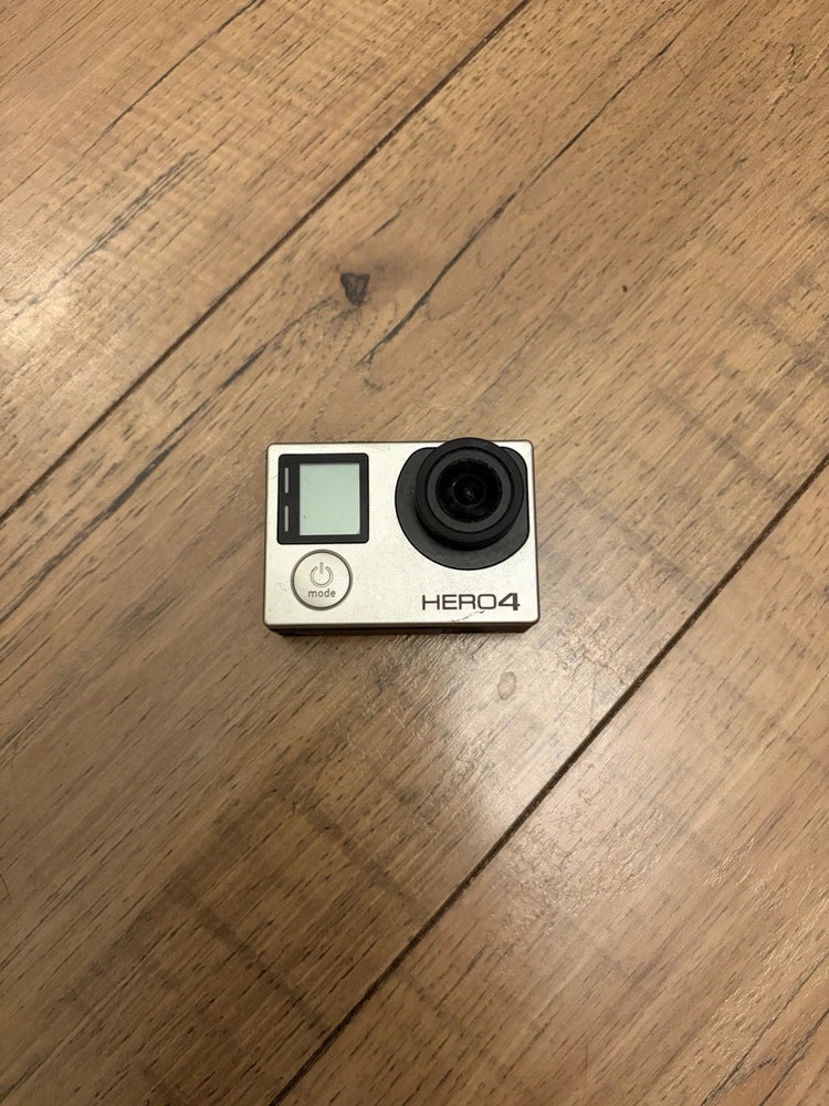 GoPro HERO4 action camera, front view with lens and status screen