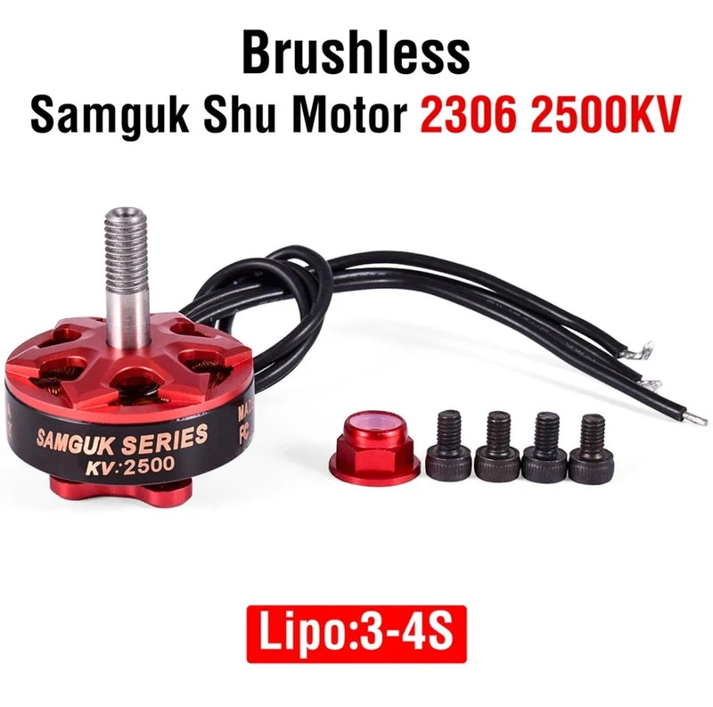 Red brushless RC drone motor with black wire leads and mounting hardware, 2306 2500KV