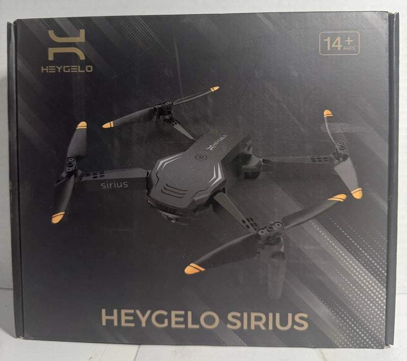 Foldable RC quadcopter retail box with Heygelo Sirius printed and drone illustration