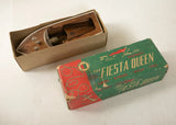 Vintage battery-operated toy boat in Fiesta Queen cardboard box with open tray