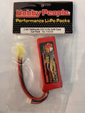Red LiPo soft-case battery pack with HobbyPeople label and balance connector leads