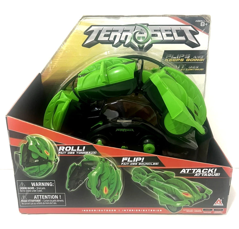 Green remote-control transforming drone vehicle toy in retail box with flip attack design