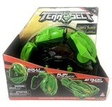 Green remote-control transforming drone vehicle toy in retail box with flip attack design