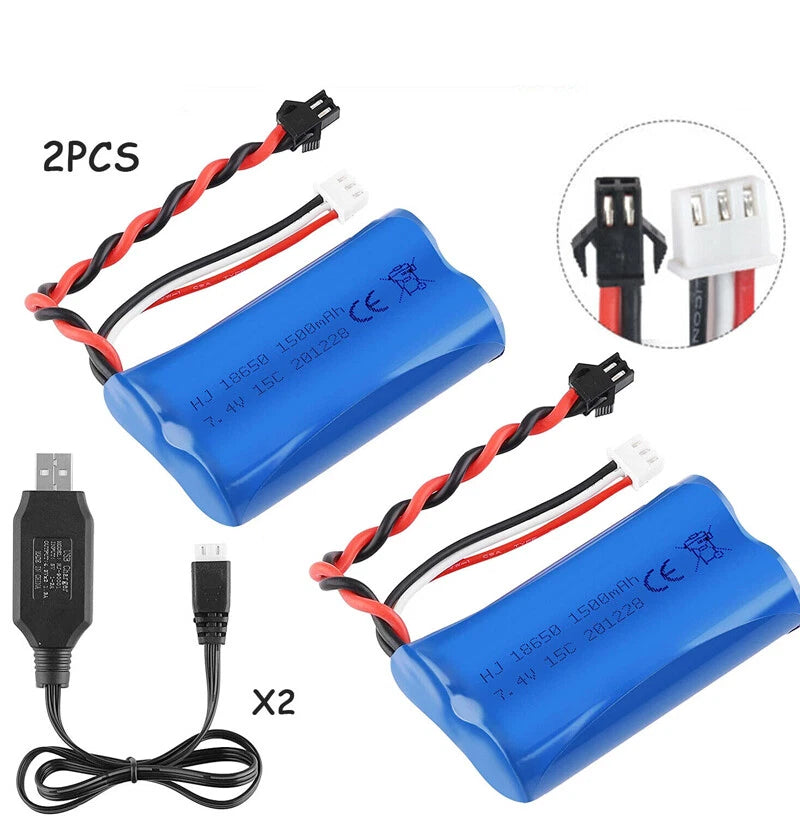 2x 7.4V BATTERY 1500mAh ABC040 SM Plug with USB Charger WPL OEM RC Parts
