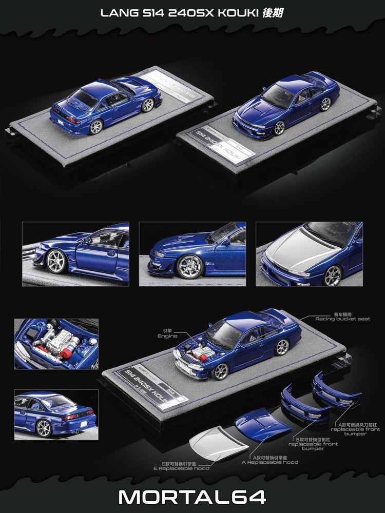 Mortal 1:64 S14 240SX Kouki JDM Sport Coupe DiecaCa Model Car with Parts Blue