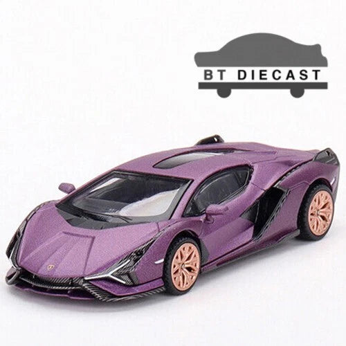 Matte purple 1/64 die-cast sports car model, front three-quarter view with open wheels