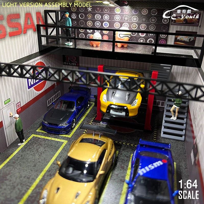 Diorama 1/64 Car Garage Model LED Lights Repair Workshop Scene Display Model
