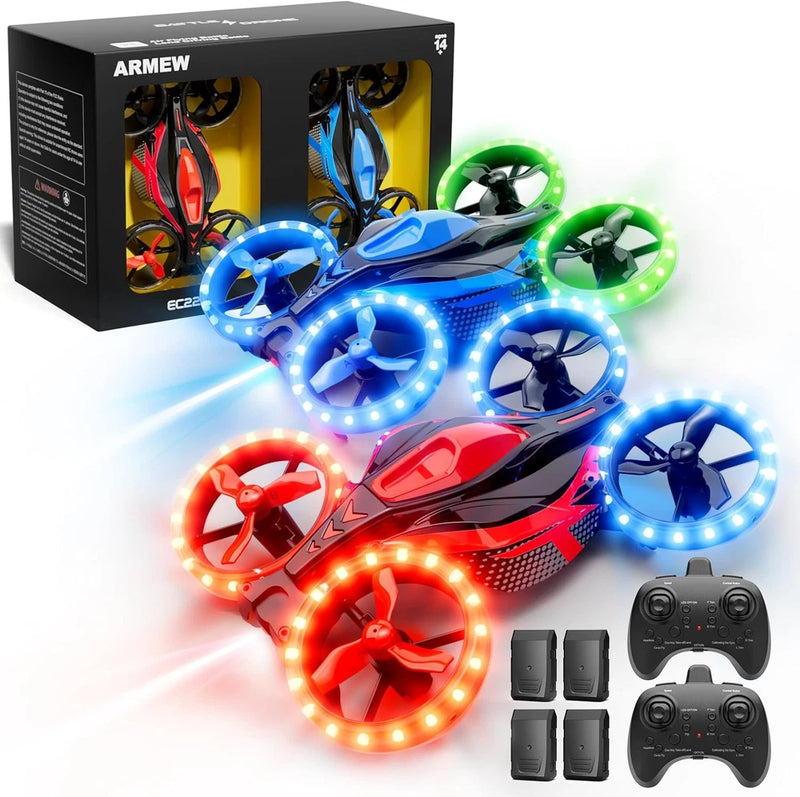 Kids LED battle drone set with two colorful drones, glowing propeller rings, and controller