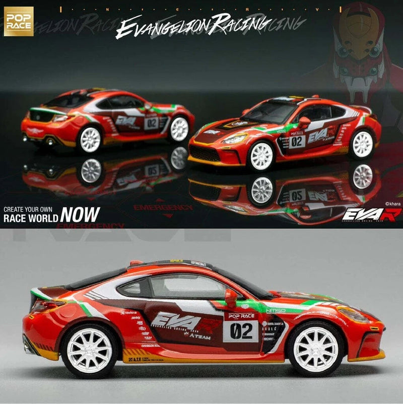 Orange Toyota GR86 die-cast toy car with EVA themed decals, side view