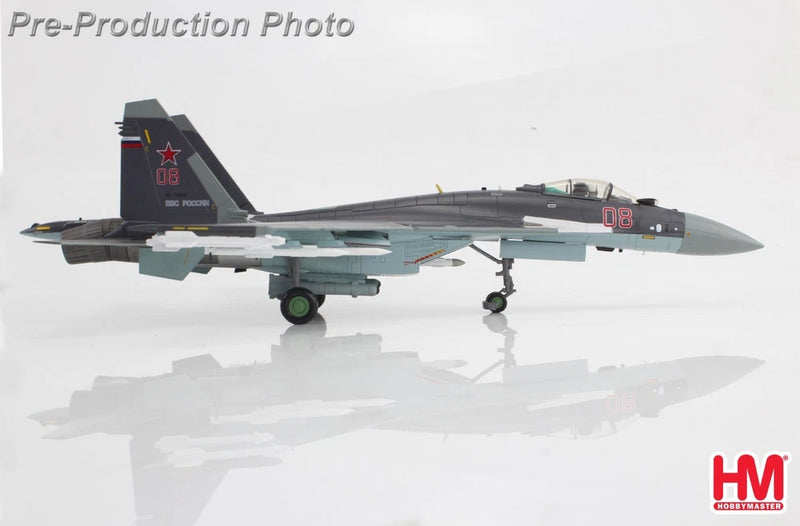 1:72 Su-35S Flanker E model aircraft, grey camo with red tail, landing gear down