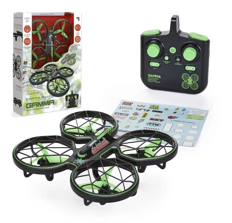 Caged quadcopter drone with green prop guards and black body