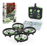 Caged quadcopter drone with green prop guards and black body