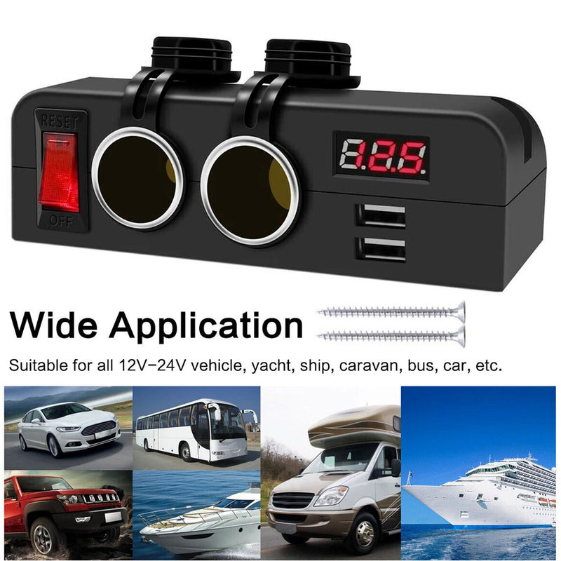 3 In 1 DC Charger Power Socket Dual USB Ports Digital Voltmeter Vehicle 12V 24V