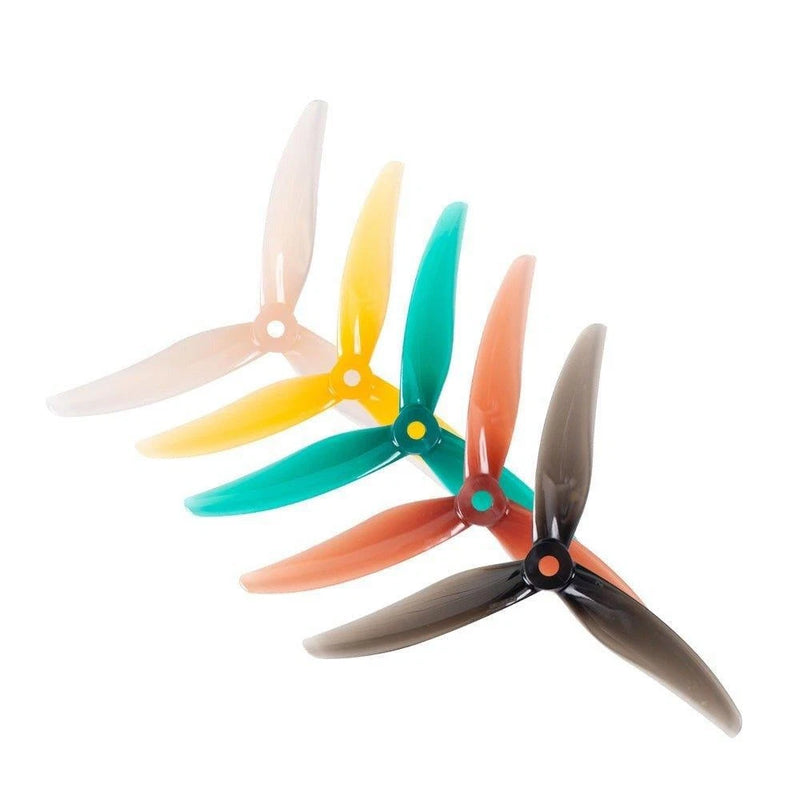 Tri-blade FPV drone prop set with multicolor blades and central mounting hub